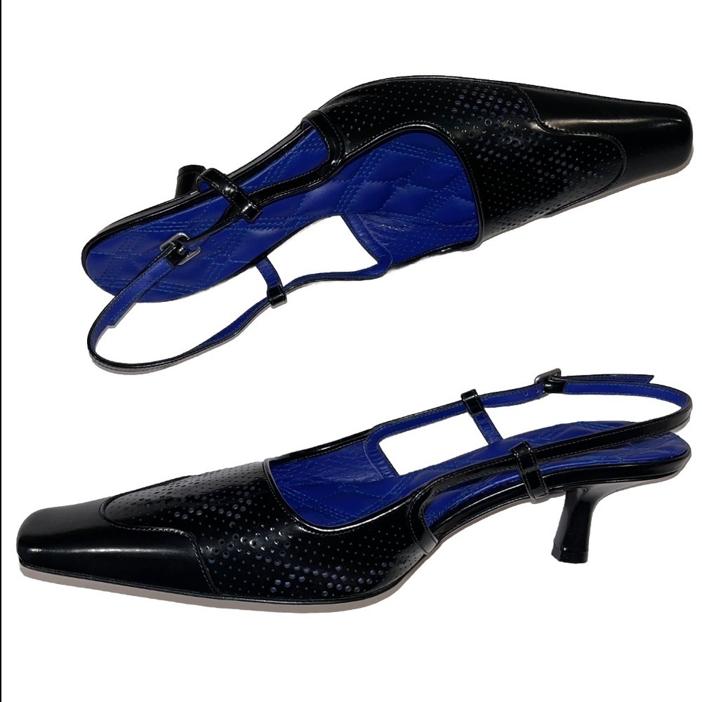 Burberry Chisel Slingback Kitten Heels Black Perforated Leather Preppy EU38 US8 - Picture 6 of 11